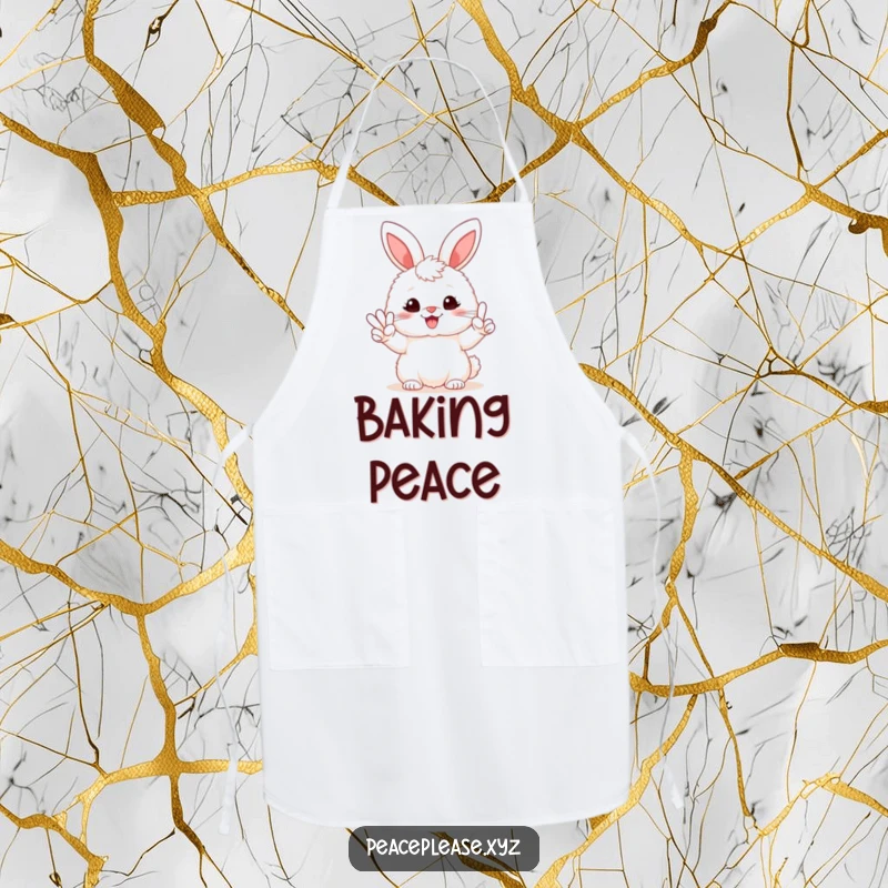 Funny apron featuring a fluffy bunny holding a peace sign, smiling broadly, perfect for happy cooking sessions.