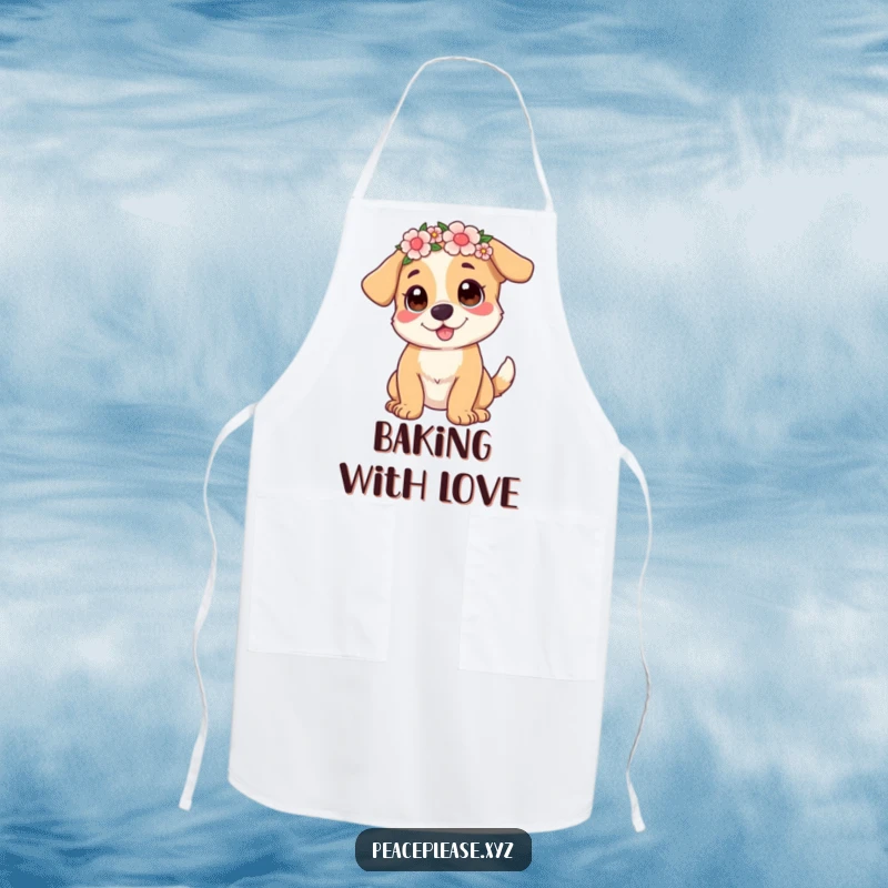 Funny Apron showcasing a playful dog with a flower crown, ready for kitchen fun with humorous flair.