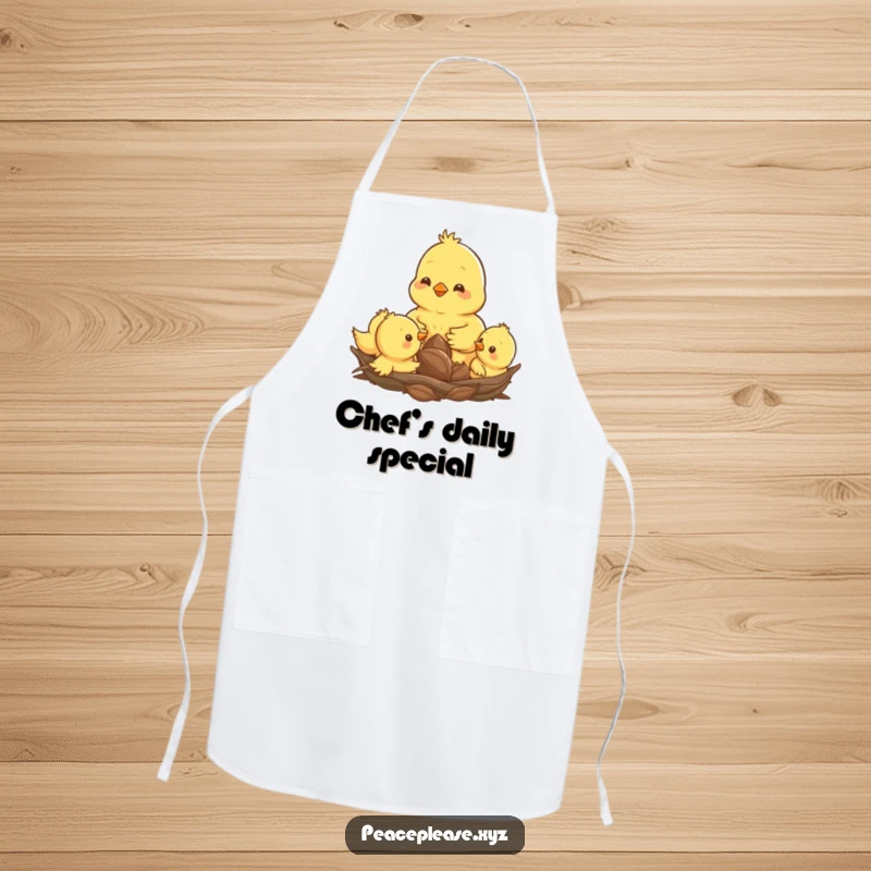 Funny apron featuring a happy chick pecking a seed amongst its siblings in a nest, perfect for cooking.