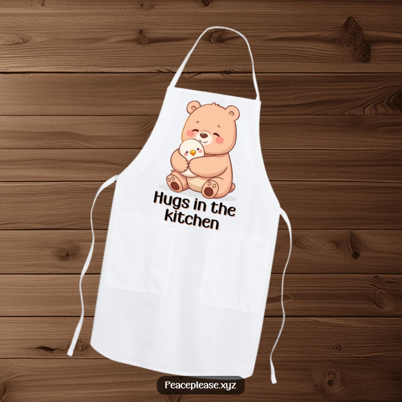 Funny apron featuring a gentle bear offering a warm hug to a small bird, ideal for a kind-hearted cook.