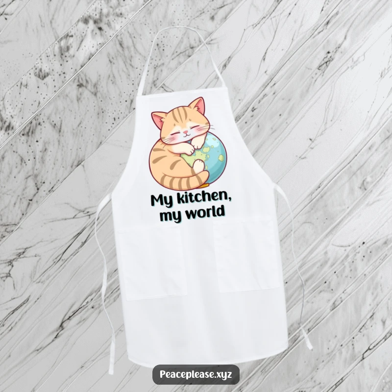 Funny Apron showcasing a napping cat curled around a globe, ideal for culinary adventures with a humorous twist.