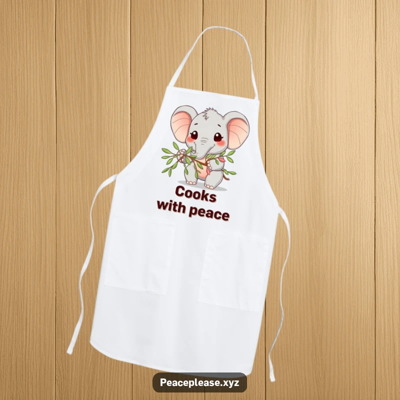 Funny Apron showcasing a cute elephant character smiling and extending an olive branch, perfect for peaceful cooking.