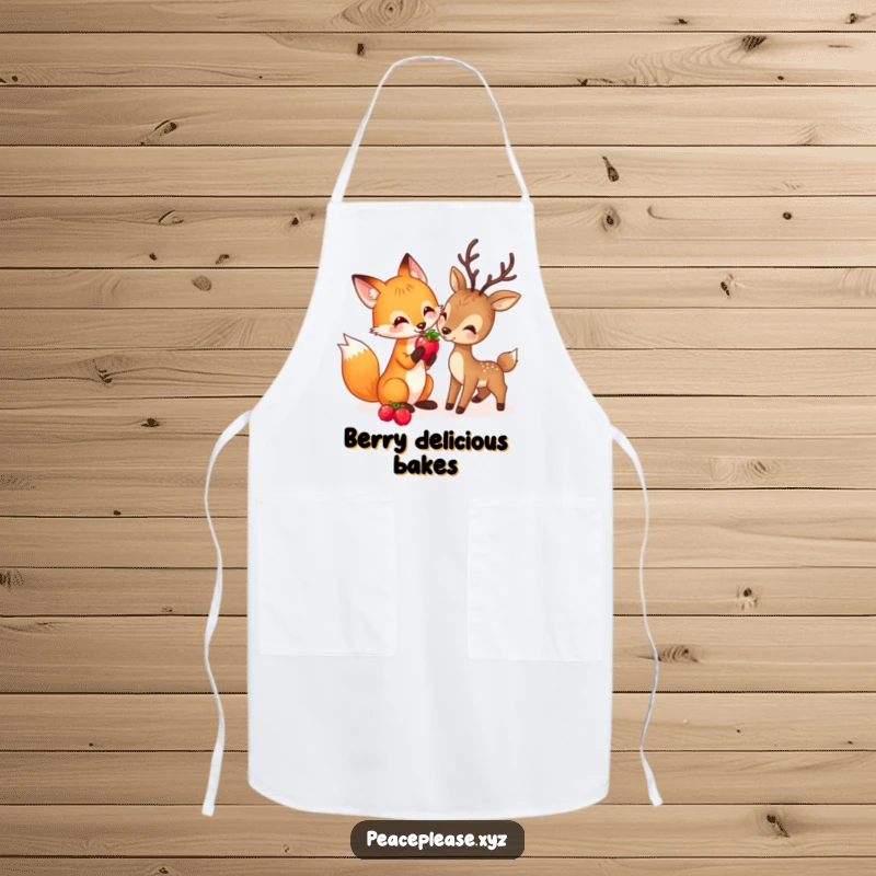 Funny apron featuring a playful fox sharing a berry with a gentle deer, ideal for a nature-loving chef.