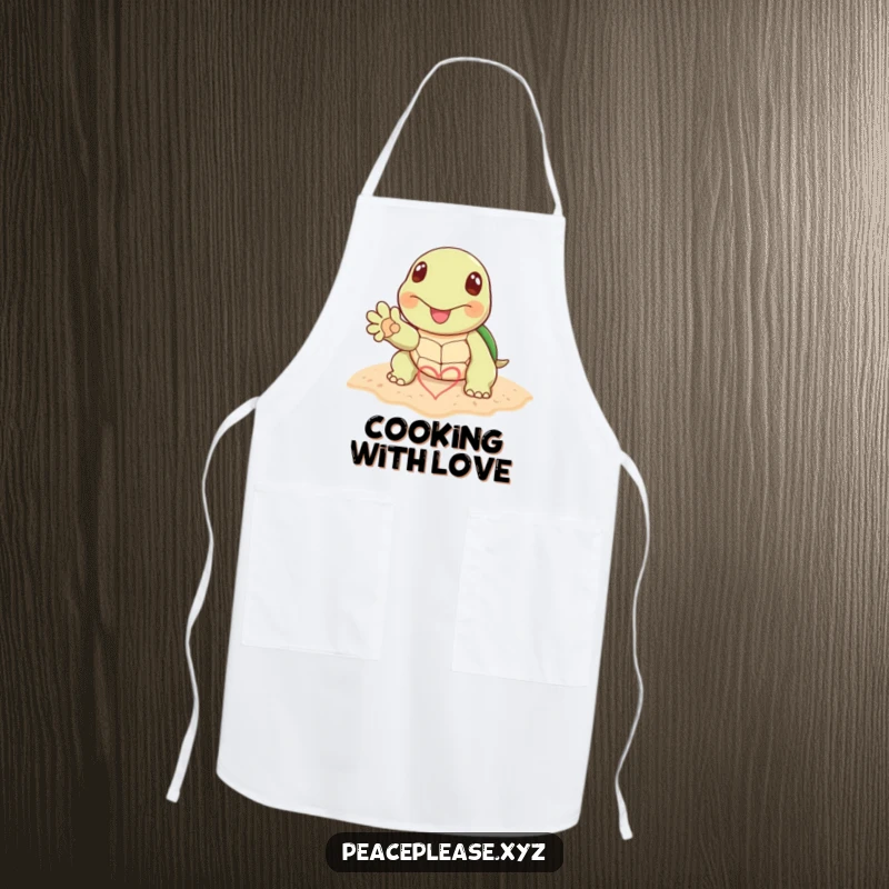 Funny apron with a cheerful turtle paw drawing a heart symbol in the sand, bringing love and beachy fun to cooking.