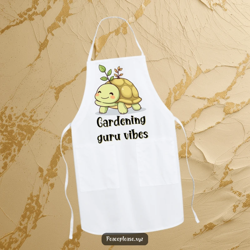 Funny apron featuring a smiling turtle carrying a small, vibrant seedling on its shell, perfect for gardeners.