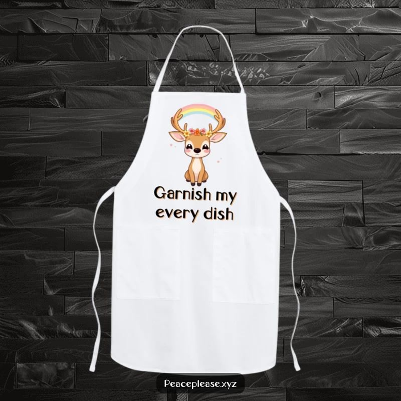 Funny apron featuring a joyful deer with flowers in its antlers gazing serenely at a rainbow, perfect for cooks.
