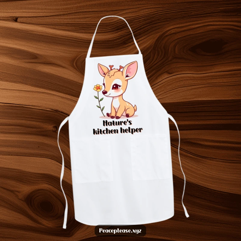 Apron featuring a gentle deer with a soft gaze, offering a flower, adding a touch of nature to kitchen tasks.