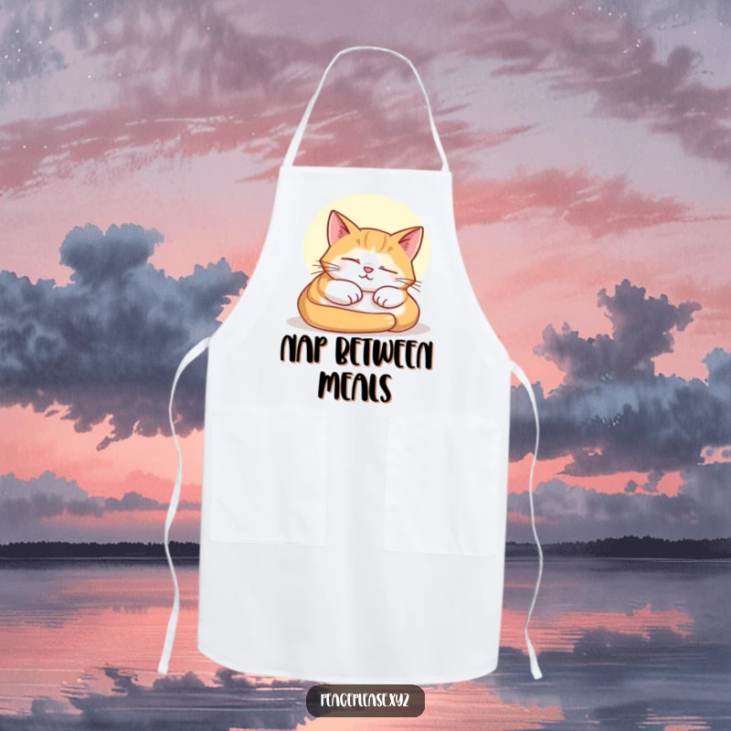 Funny apron depicting a contented cat napping peacefully in a sunbeam, perfect for calm kitchen tasks.