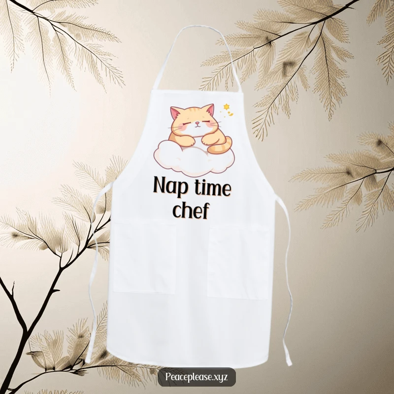 Funny cat apron showing a plump cat napping on a cloud, dreaming of sunshine, ideal for cooks who appreciate humor.