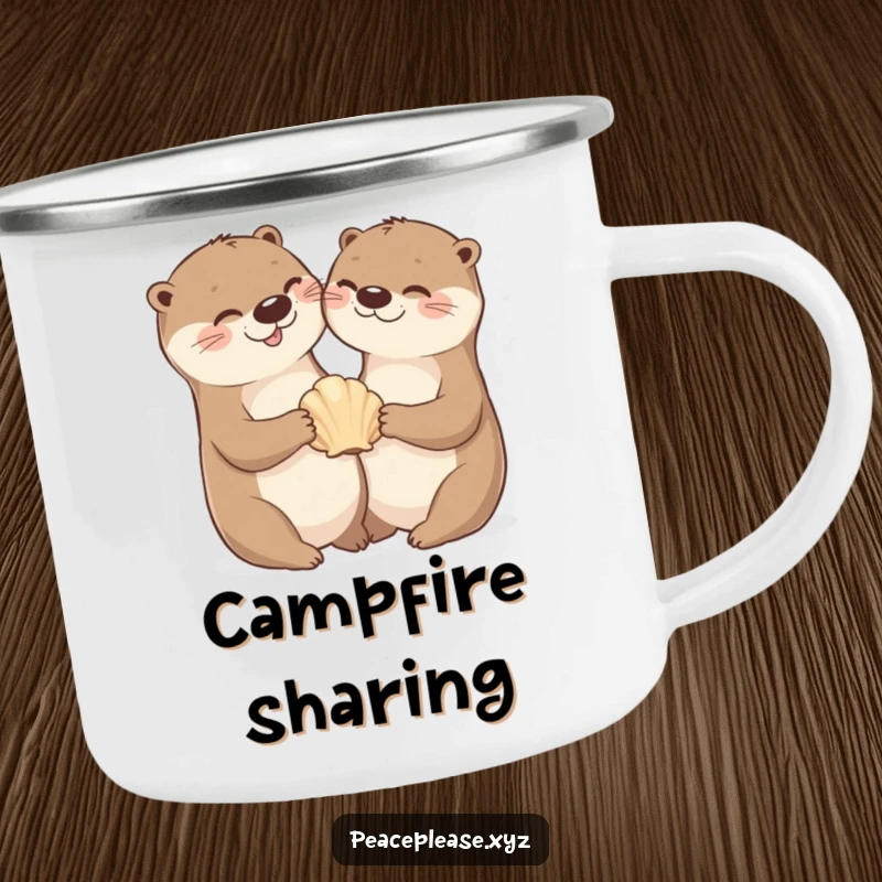 Camping mug featuring a cheerful otter sharing a seashell, perfect for enjoying drinks outdoors with a friend.