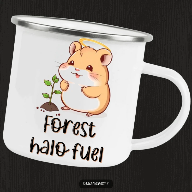 Funny camping mug with a peaceful hamster wearing a halo, offering a tiny sprout to a seedling, ideal for outdoor serenity.