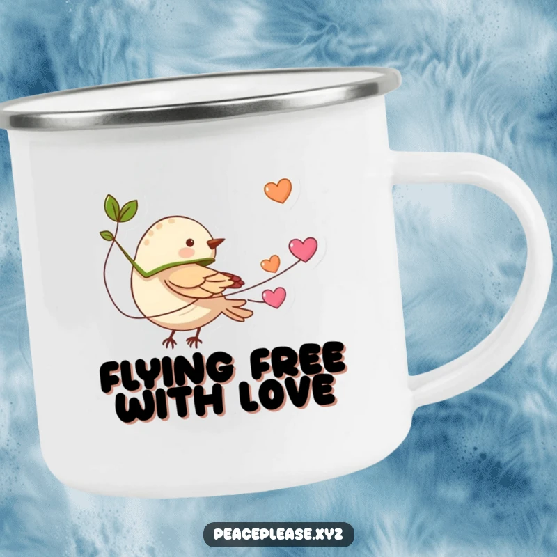 Funny tiny bird with a leaf cape flying with a string of hearts on a sturdy camping mug, perfect for adventurous souls carrying love.