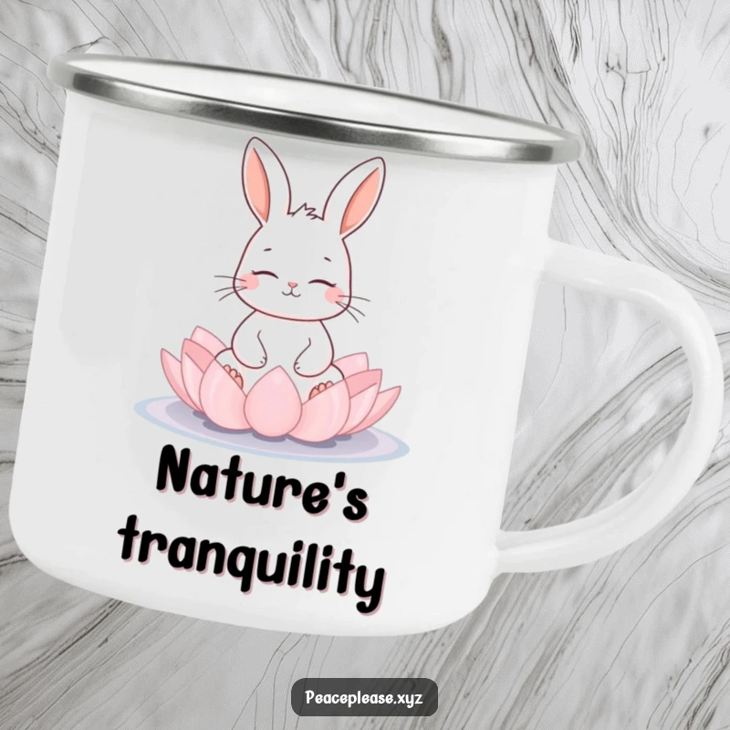 Funny meditating rabbit on a lotus flower pad on a camping mug, ideal for peaceful outdoor enjoyment, great gift.