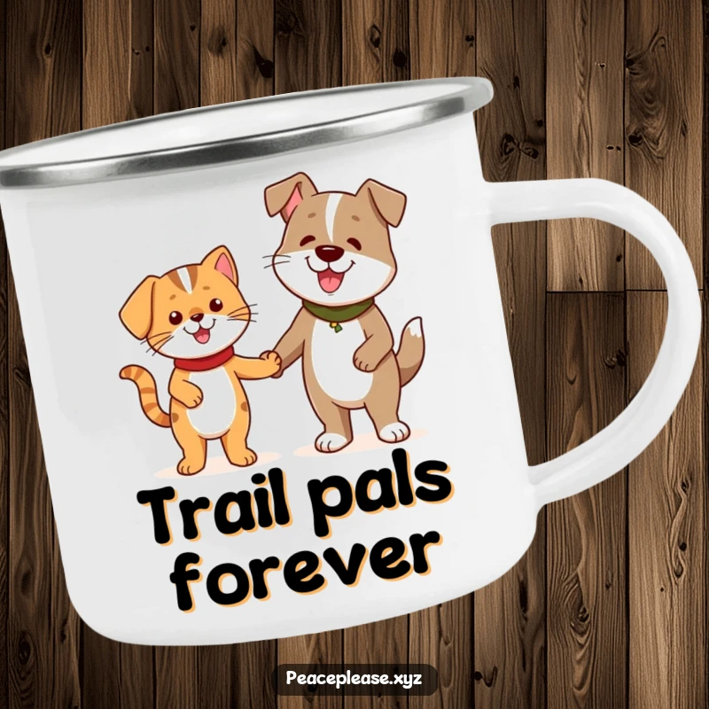 Funny Camping Mug featuring a cheerful cat and a friendly dog holding hands, symbolizing friendship.