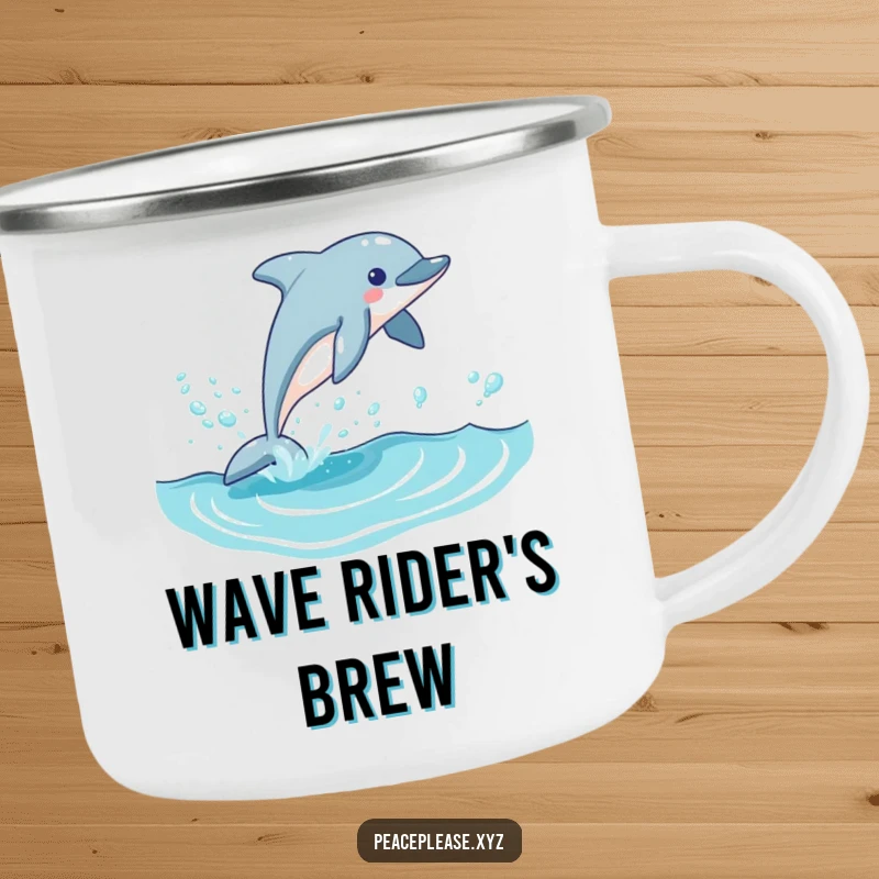 Funny dolphin camping mug showing a playful dolphin leaping from a blue wave with bubbles, perfect for any beverage on the go.