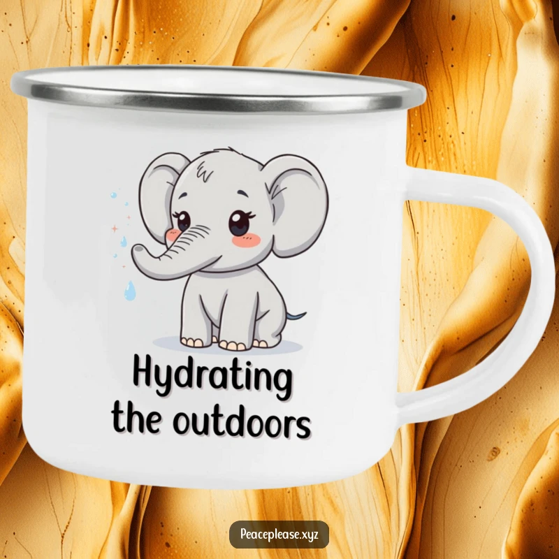 Funny enamel camping mug with a cute elephant character spraying a mist of sparkling water, built for adventure. A humorous outdoor gift.
