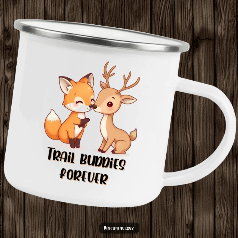 Funny Fox and Deer camping mug with a happy fox gently touching noses with a deer, a humorous and durable outdoor mug.