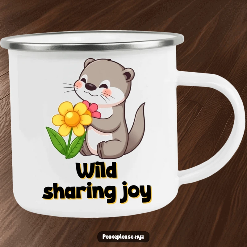 Funny camping mug with a playful otter sharing a flower, designed for outdoor adventures and good company.