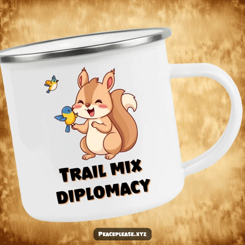 Funny Squirrel camping mug with a joyful squirrel offering nuts to a bird, a humorous and durable outdoor mug.