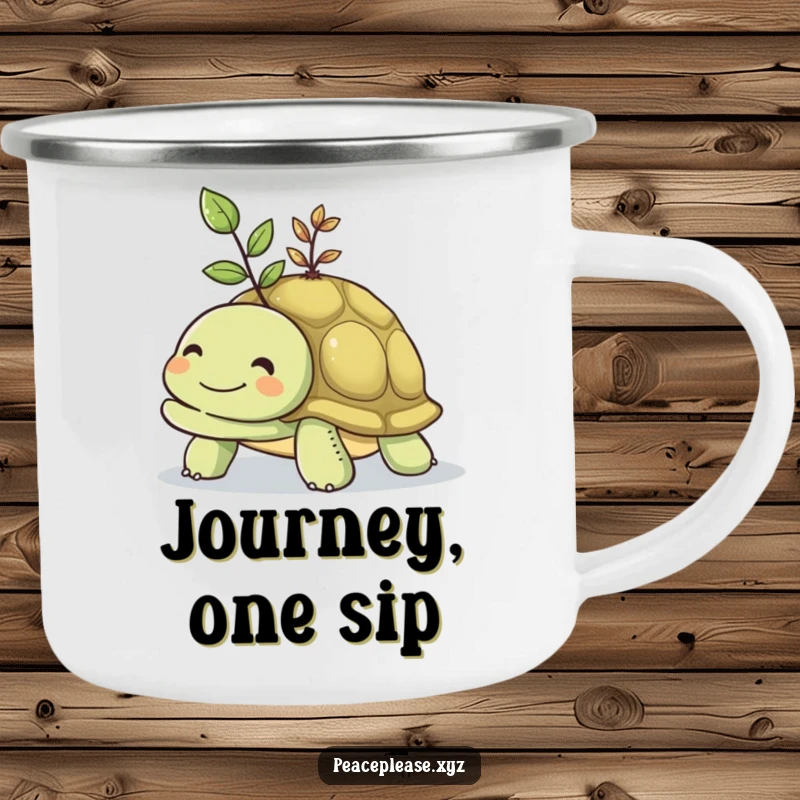 Funny camping mug graphic of a smiling turtle carrying a small, vibrant seedling on its shell, for outdoor trips.