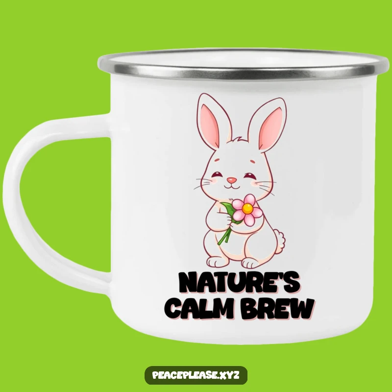 Funny Serene Bunny Camping Mug: Calm Smile Flower, Outdoor Peace
