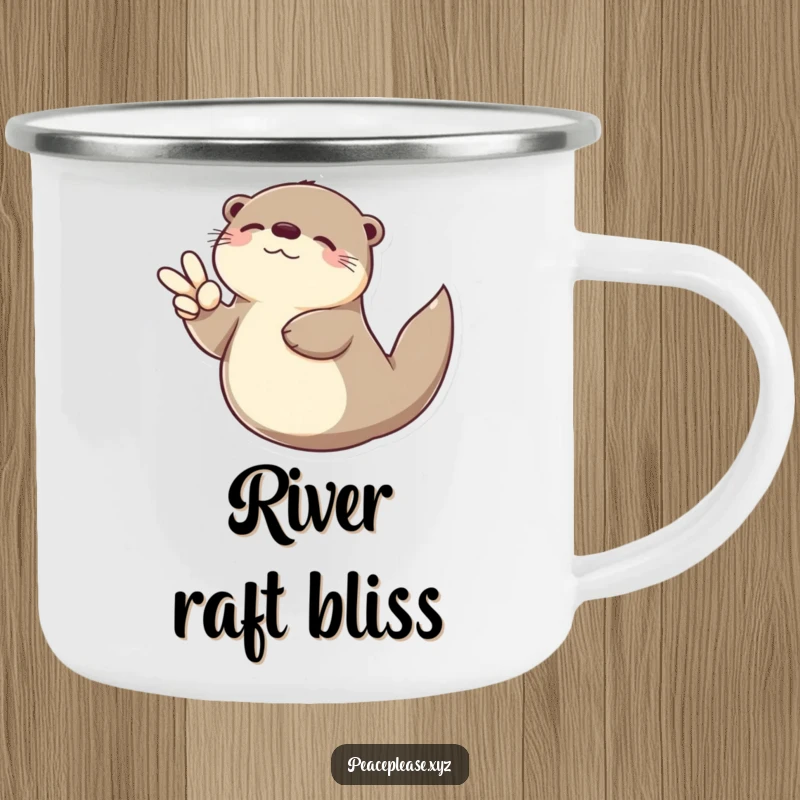 Funny Otter camping mug with a serene otter floating on its back with a peace sign, a humorous and durable outdoor mug.