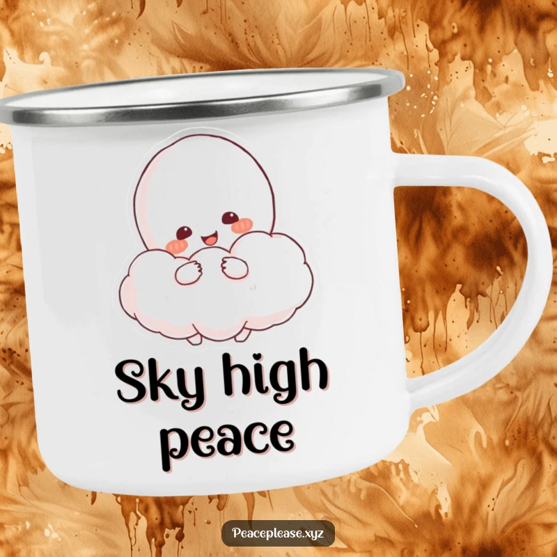 Funny Camping Mug featuring a resolved character hugging a fluffy cloud resembling a peace symbol.