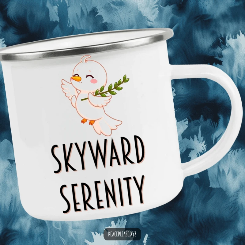 Funny smiling dove with an olive branch on a camping mug, ideal for peaceful outdoor enjoyment, great gift.