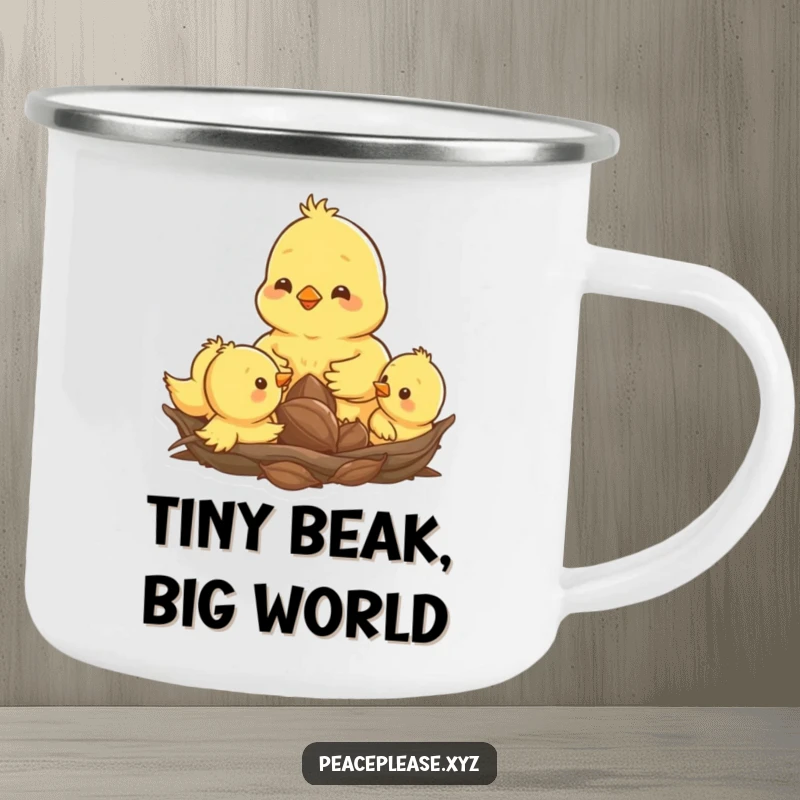 Funny camping mug graphic of a happy chick pecking a seed amongst its siblings in a nest, for outdoor trips.