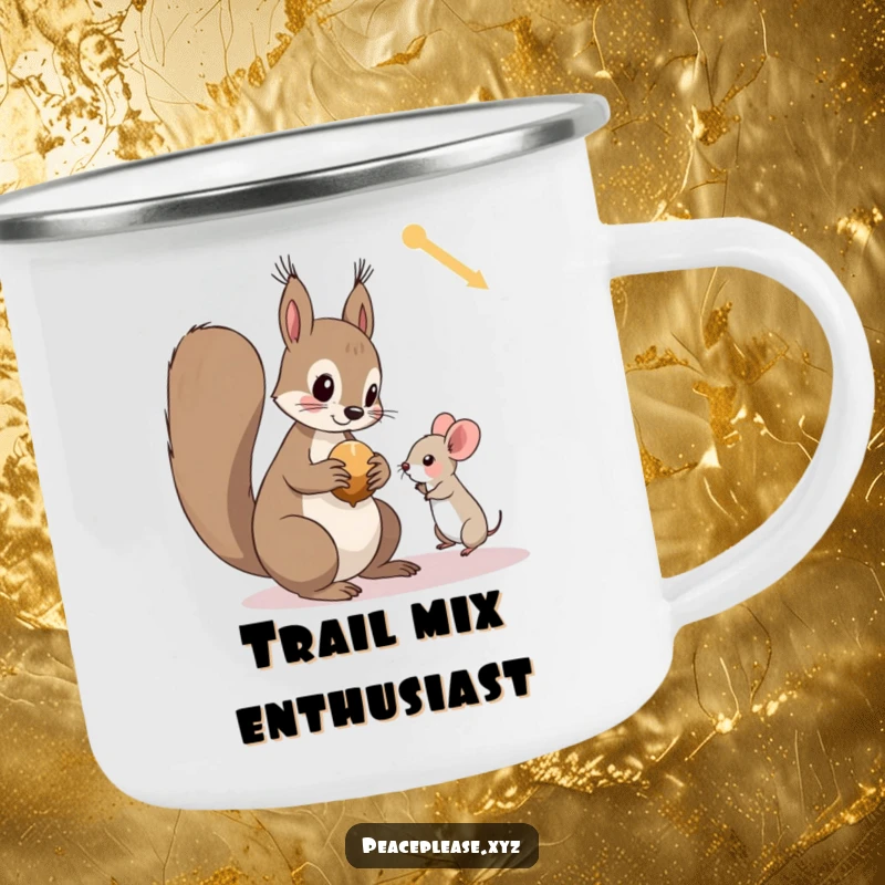 Funny camping mug graphic of a curious squirrel offering a nut to a tiny, trusting mouse, for outdoor adventures.