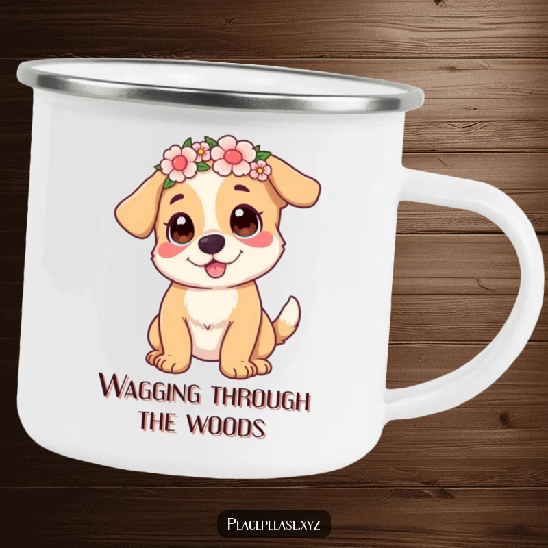 Funny Camping Mug featuring a joyful dog with a flower crown, perfect for enjoying drinks on outdoor, humorous excursions.