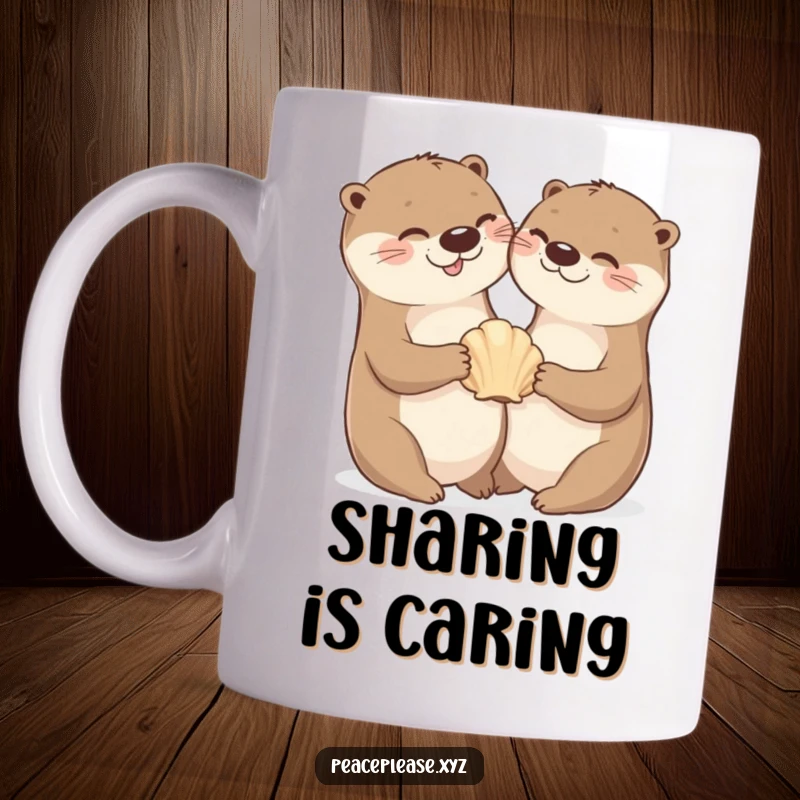 Cheerful otter happily sharing a seashell with another otter, embodying friendship and aquatic fun in this mug design.