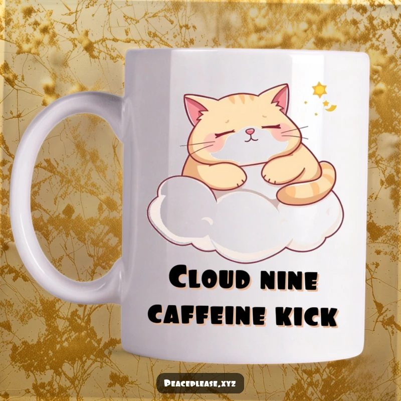 Funny cat mug showing a plump feline napping peacefully on a fluffy cloud, dreaming of sunshine, perfect for relaxation gifts.
