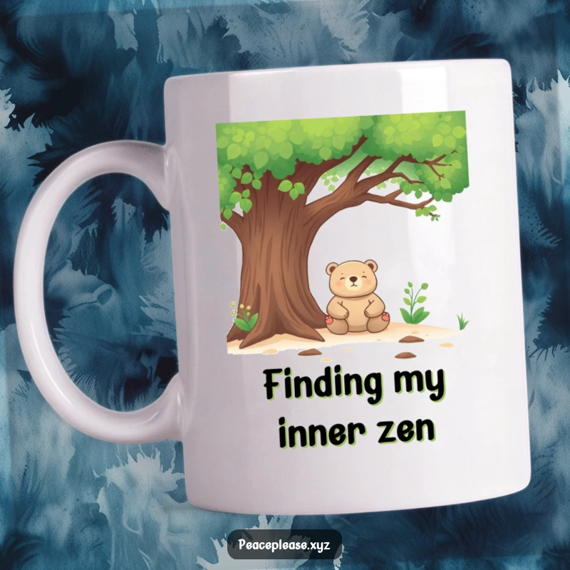 Funny Mug featuring a meditating bear, radiating peace under a lush, leafy tree, embodying calm and humor.