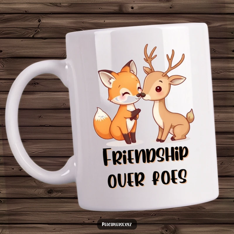 Funny Fox and Deer mug showing a happy fox gently touching noses with a deer, a heartwarming and humorous woodland scene.