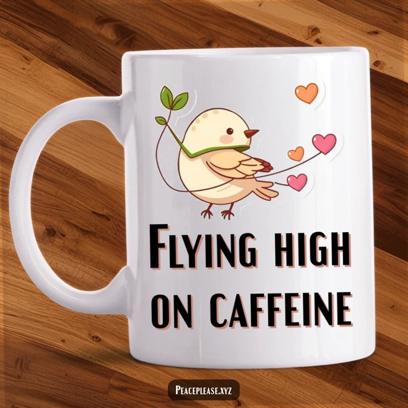 Funny tiny bird with a leaf cape flying with a string of hearts on a mug, symbolizing love, joy, and heroic flight.