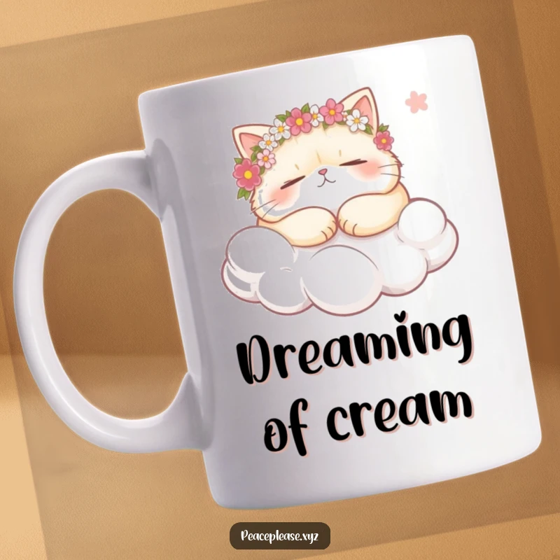 Funny plump cat wearing flower crowns, snoozing on a cloud, holding a gentle breeze on a mug, embodying ultimate relaxation.