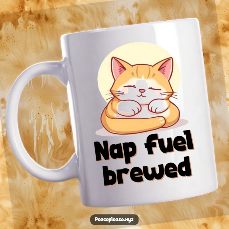Funny mug featuring a blissfully contented cat sound asleep in a warm, inviting sunbeam, radiating peace.