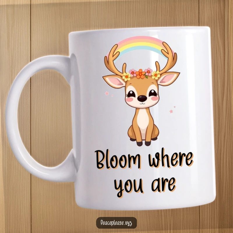 Funny mug illustration of a joyful deer with flowers in its antlers looking serenely at a rainbow, symbolizing hope.