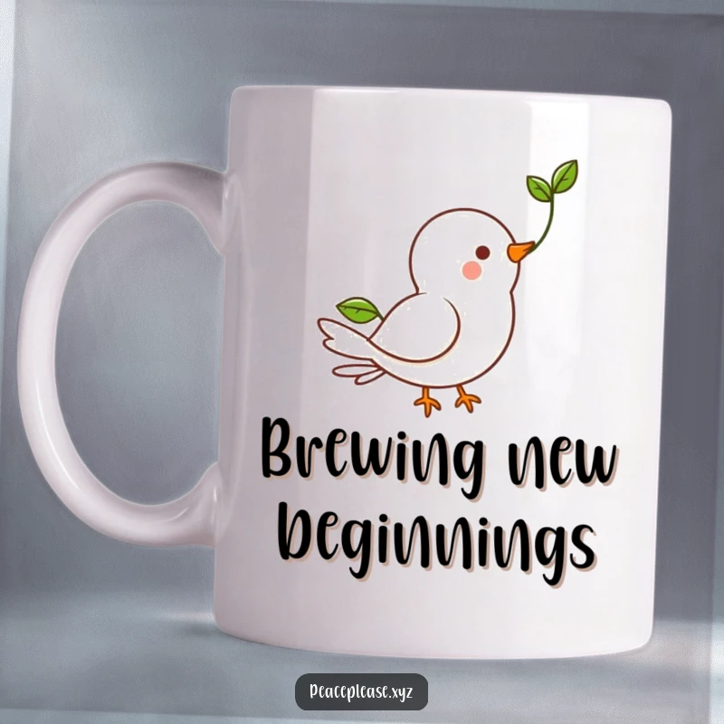 Funny Mug featuring a happy dove character holding a small green sprout in its beak, symbolizing hope.