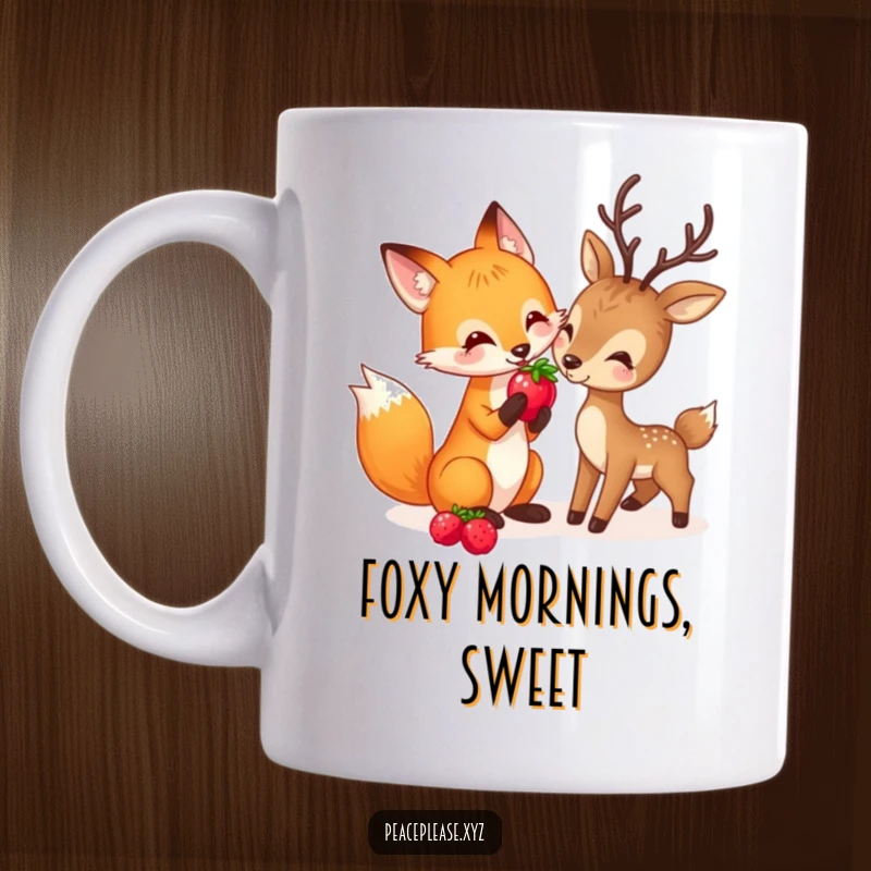 Funny mug showing a playful fox offering a ripe berry to a gentle deer, symbolizing sharing and woodland friendship.