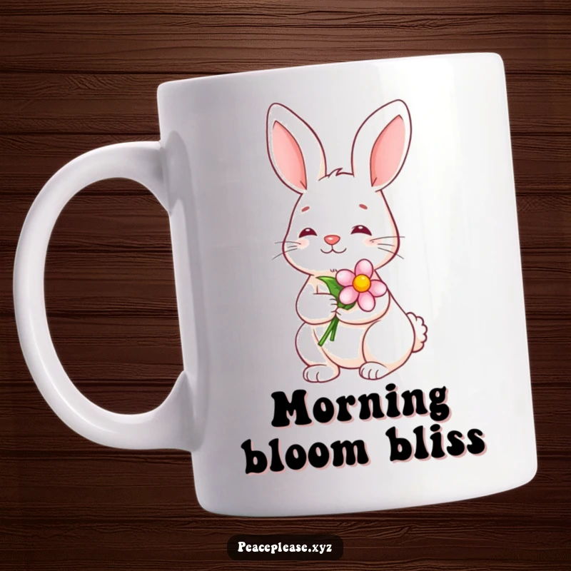 Funny Mug showing a serene bunny holding a blooming flower with a calm smile, embodying peacefulness and nature.