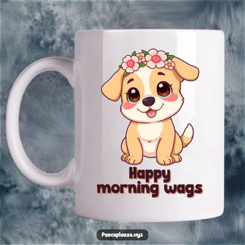 Funny Mug featuring a playful dog with a flower crown, wagging its tail with pure joy.