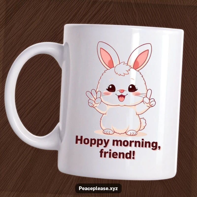Funny mug featuring a fluffy bunny holding a peace sign, beaming with happiness and radiating positive vibes.