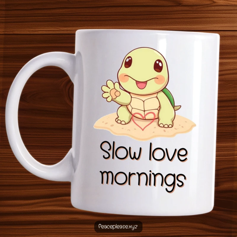 Funny mug with a cheerful turtle extending a paw, drawing a heart symbol in the sand, conveying love and beachy vibes.