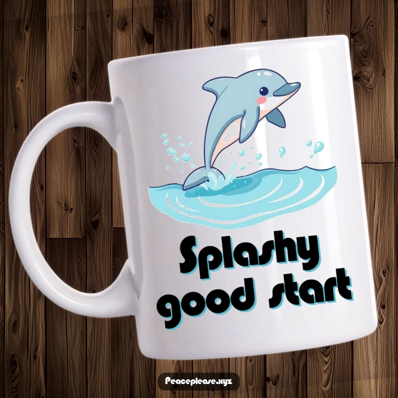 Funny dolphin mug illustrating a playful marine creature leaping joyfully from a clear blue wave, surrounded by a trail of sparkling bubbles.