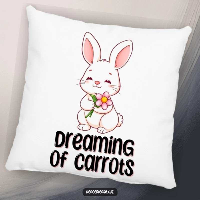 Funny Pillow featuring a serene bunny holding a blooming flower with a calm smile, perfect for cozy tranquility.