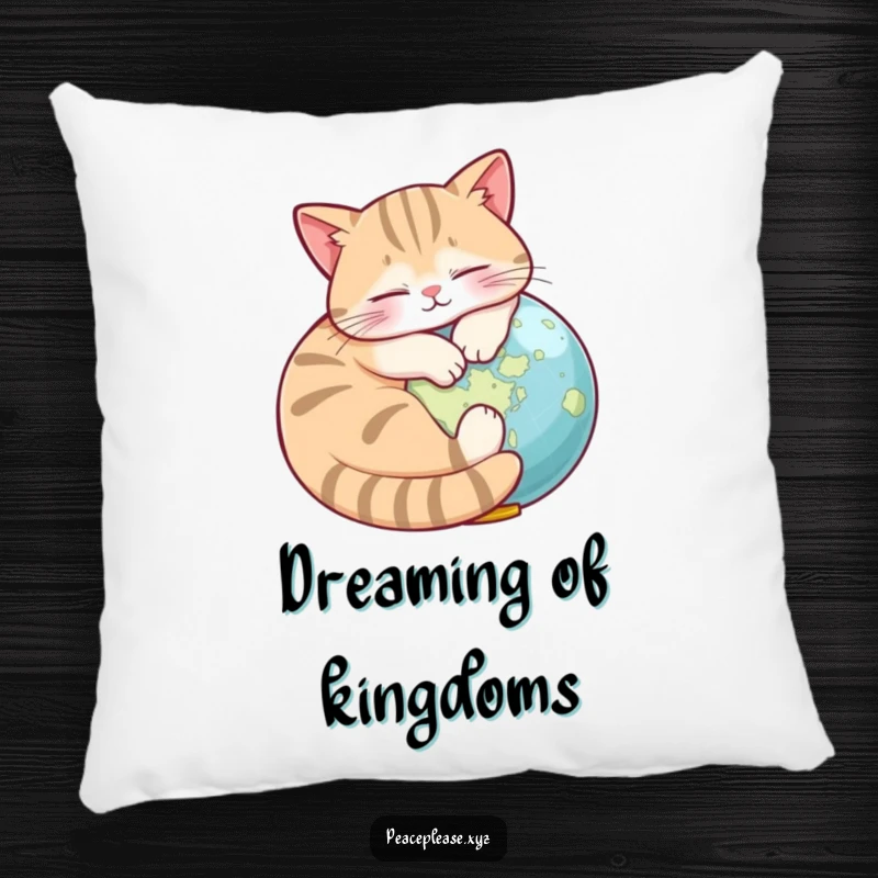 Funny Pillow featuring a napping cat curled around a small globe, offering comfort and humorous wanderlust.
