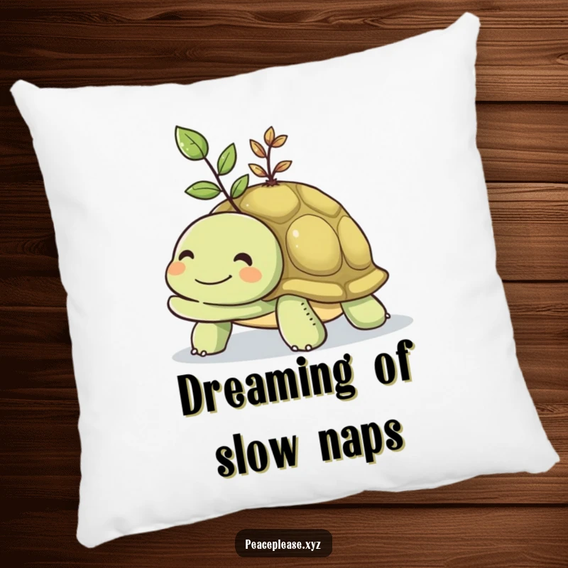 Funny pillow design of a smiling turtle carrying a small, vibrant seedling on its shell, perfect for decor.