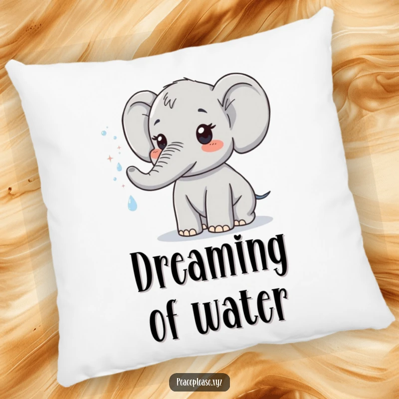 Funny pillow featuring a cute elephant character spraying a delightful mist of sparkling water. A soft, humorous gift.